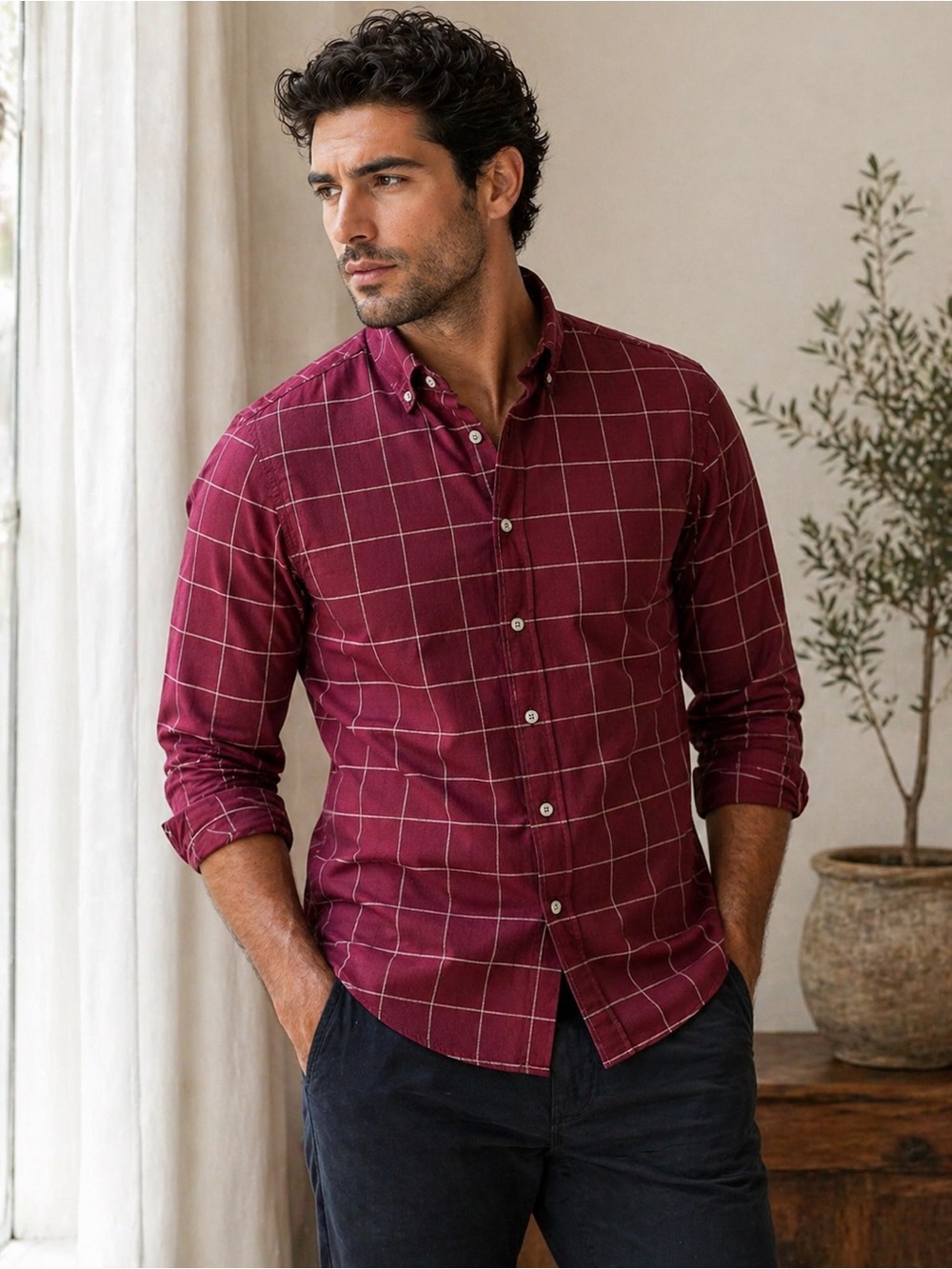 APT 9 Premier Flex Slim Fit Shirt M Maroon Windowpane Button Down